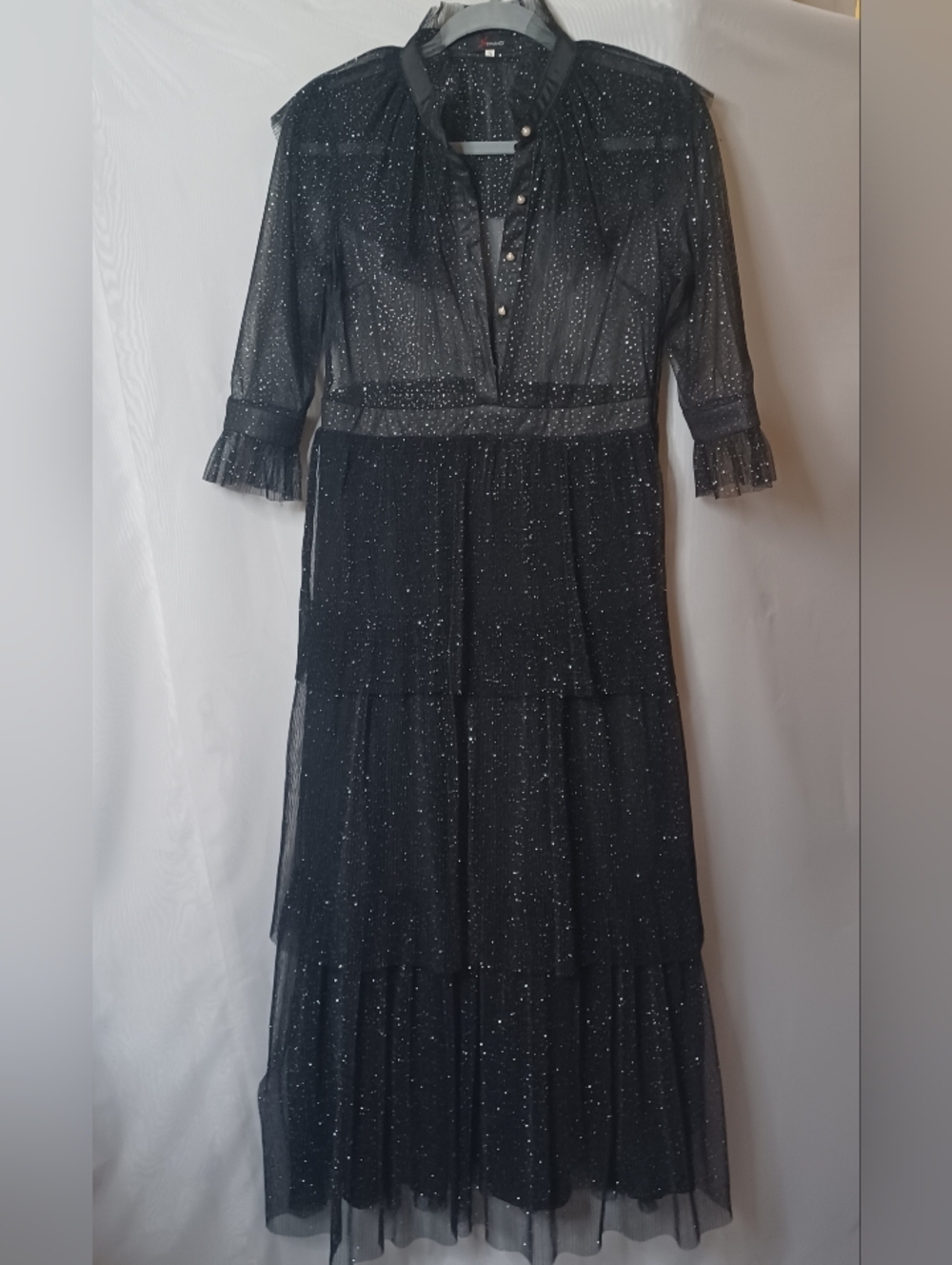 N By Nancy Women's Black Sparkle Ruffle Tiered Evening Dress. Size S